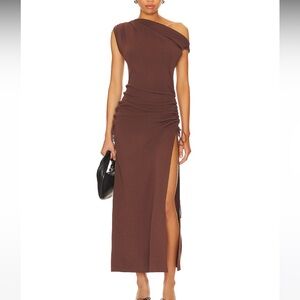 Lioness One-Shoulder Brown Ruched Side-Slit Maxi Dress